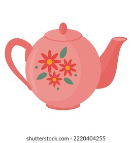 Teapot with a pattern of flowers and leaves. Color flat vector illustration isolated on a white background.