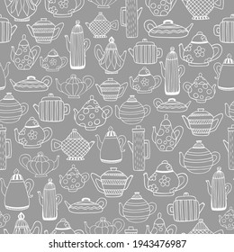 Teapot pattern. Hand drawn sketch style teapots on grey background. Ink art kettle print. Tea time backdrop. Teapot silhouette. Hand draw teapot fabric, textile templete. Chalk style drawn tea pot .