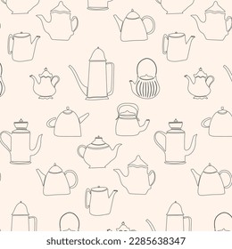 Teapot pattern. Hand drawn sketch style teapots on cream background. Ink art kettle print. Tea time backdrop. Teapot silhouette. Hand draw teapot fabric, textile template. 