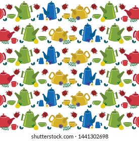 teapot pattern vector illustration.green, red, yelow, blue, violet teapots. cute multicolor dishes. Colorful tea cups, coffee cups and teapots