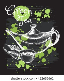 Teapot and pialat with green tea. Vector Hand drawn illustration on the blackboard.
