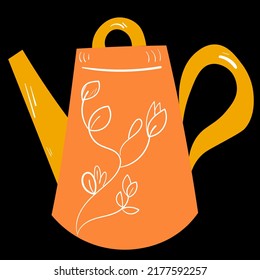 Tetera con plantas. Icono vectorial de utensilios de cocina sobre fondo negro.