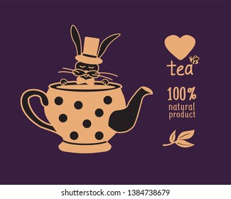 Teapot in polka dot.  100% natural tea.
Rabbit in a teapot.  Retro cartoon. Icon set.