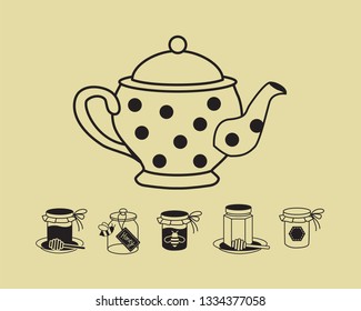 Teapot in polka dot. Kettle, cup, bees, jar of honey. Retro cartoon. Icon set.