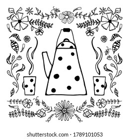 Tetera con puntos de polka, tazas de té, marco con motivos florales. Elementos dibujados a mano con Doodle. Está decorado con flores, hojas, abejas, tetera y tazas al estilo de Hygge. Ilustración del vector