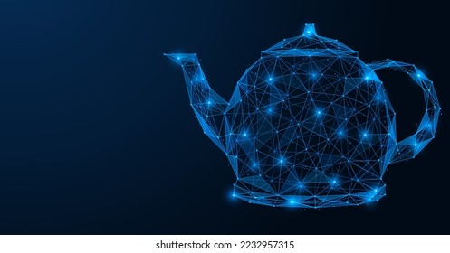 Teekanne. Polygonale Konstruktion von miteinander verbundenen Linien und Punkten. Blauer Hintergrund.
