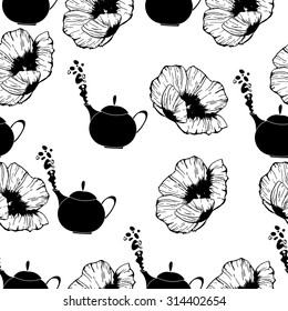 Teapot And Poppy Black And White