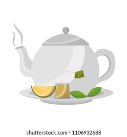 teapot porcelain lemon mint leaf teabag traditional