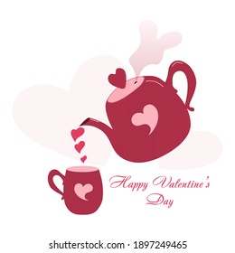 Teapot pouring hot love drink into a cup. Happy Valentine's Day. Vector illustration. Eps 10.