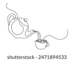 Teapot pouring tea to cup. Continuous line drawing.