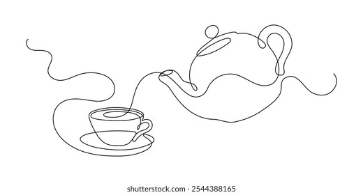 Teapot pouring tea to cup. Continuous line drawing.