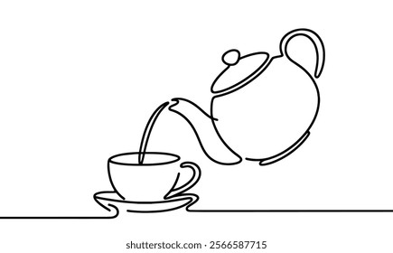 Teapot pouring tea to cup. Continuous line drawing