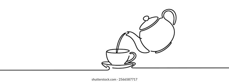 Teapot pouring tea to cup. Continuous line drawing