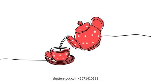 Teapot pouring tea to cup. Continuous line drawing.