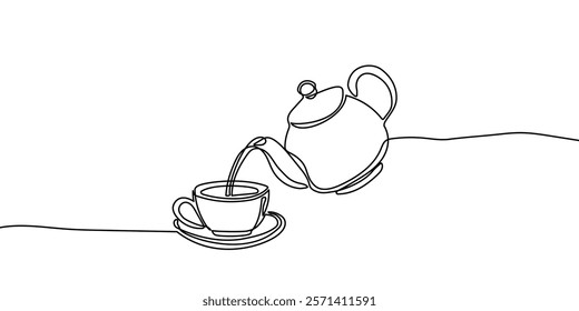 Teapot pouring tea to cup. Continuous line drawing.