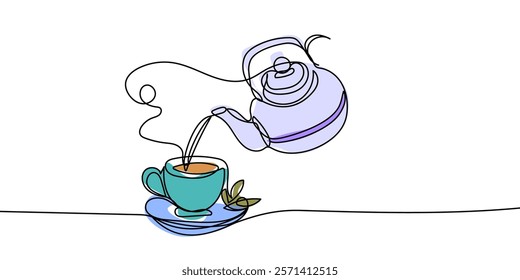 Teapot pouring tea to cup. Continuous line drawing.