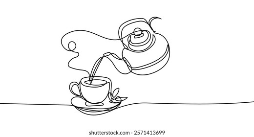 Teapot pouring tea to cup. Continuous line drawing.