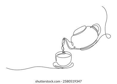 Teapot pouring tea to the cup in continuous one line drawing. Single line art draw of Teapot. Editable vector.