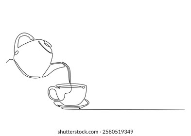 Teapot pouring tea to the cup in continuous one line drawing. Single line art draw of Teapot. Editable vector.