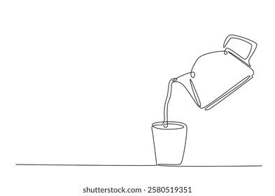 Teapot pouring tea to the cup in continuous one line drawing. Single line art draw of Teapot. Editable vector.