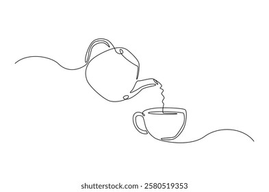 Teapot pouring tea to the cup in continuous one line drawing. Single line art draw of Teapot. Editable vector.