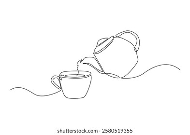 Teapot pouring tea to the cup in continuous one line drawing. Single line art draw of Teapot. Editable vector.