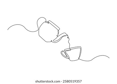 Teapot pouring tea to the cup in continuous one line drawing. Single line art draw of Teapot. Editable vector.