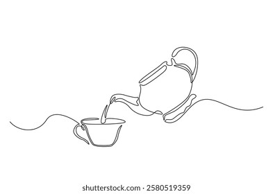 Teapot pouring tea to the cup in continuous one line drawing. Single line art draw of Teapot. Editable vector.