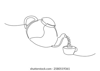 Teapot pouring tea to the cup in continuous one line drawing. Single line art draw of Teapot. Editable vector.