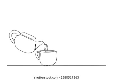 Teapot pouring tea to the cup in continuous one line drawing. Single line art draw of Teapot. Editable vector.