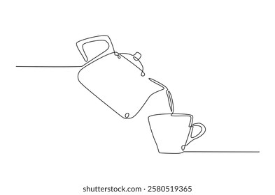 Teapot pouring tea to the cup in continuous one line drawing. Single line art draw of Teapot. Editable vector.