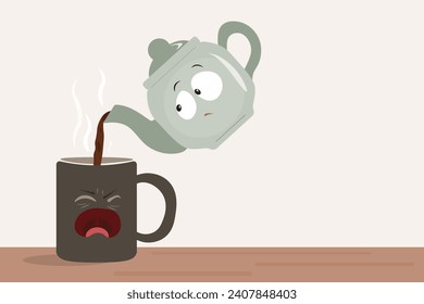  A teapot pouring tea into Ceramic mug. and the mug character is pain. flat character design.