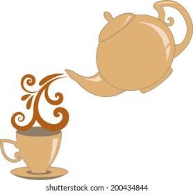 A teapot pouring tea into a cup.