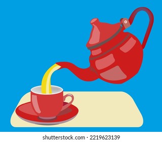 Teapot pouring tea into tea cup on tray on blue light background, flat drawing