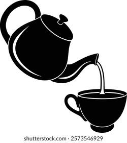 Teapot pouring tea into a teacup silhouette vector illustration