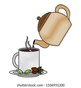 teapot pouring tea on mug on dish