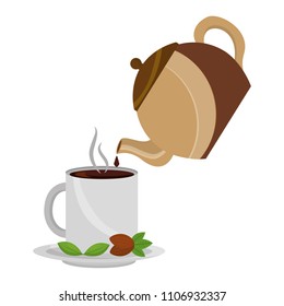 teapot pouring tea on mug on dish