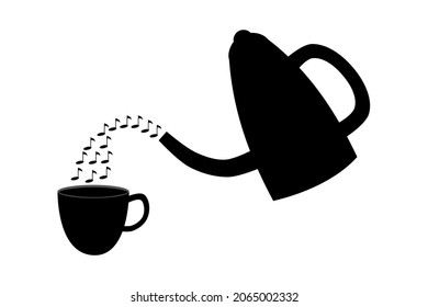 Teapot pours coffee  into coffee cup  isolated on white background. 