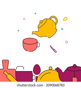 Teapot pours tea in cup filled line vector icon, simple illustration, related bottom border.