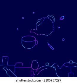 Teapot pours tea in cup gradient line vector icon, simple illustration on a dark blue background, kitchen related bottom border.