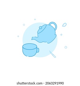 Teapot tira té en un icono vector de taza. Utensil de cocina. Ilustración plana. Estilo de línea relleno. Diseño monocromo azul. Trazo editable. Ajustar el peso de la línea.
