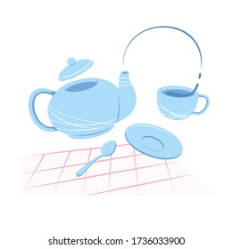 The teapot pours tea into a mug. The concept of a hospitable tea party. Welcome drink