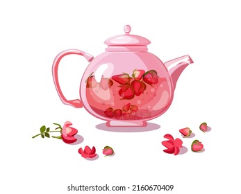 Teapot  with rosebud tea. Time o clock. Tea shop, break, cafe-bar, tea lover, tea party. Beverages concept. Vector illustration for advertising, poster, banner, flyer, for cafe menu.
