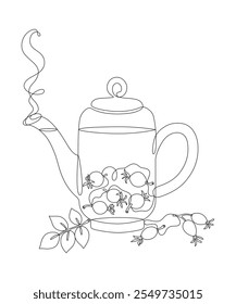 Teapot with rosehip tea, drawn with continuous line in minimalist style, transparent glass tea kettle, hot drink, dry fruits, line art, editable vector contour.