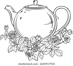 bule de chá com rosas ilustração de contorno