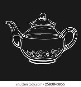 Teapot, sea buckthorn tea. Hand drawn vector illustration in outline style.