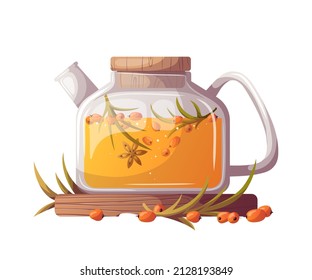 Teapot with sea buckthorn tea. Tea shop, break, cafe-bar, tea lover, tea party, beverages concept. Isolated vector illustration for poster, banner, cover, menu, advertising. 