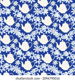 Teapot seamless pattern. Blue background with teapot silhouettes. Flat design.