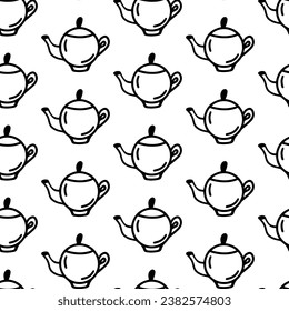 Teapot seamless pattern. Doodle pattern with teapots isolated on white background. Teapot wrapper and wallpaper for gift, caffe or restaurant decoration, tea's party. Concept International Tea Day