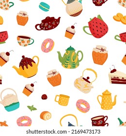Teapot seamless pattern. Sweets and crockery, mugs teapots and cups. Muffin or cupcake, cute kitchen print texture. Cafe food desserts classy vector background